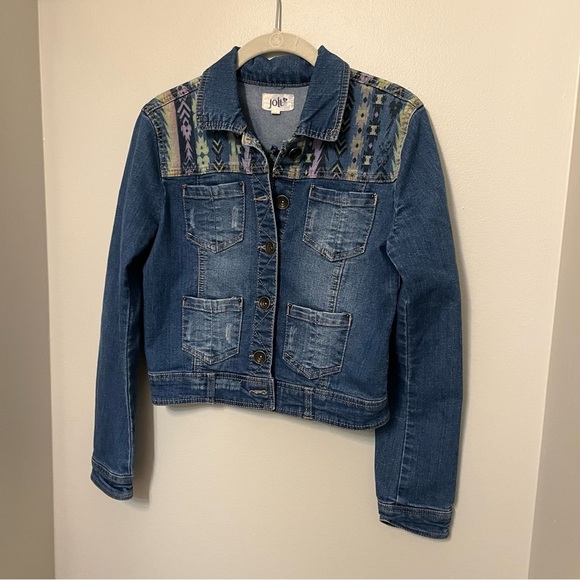 JOLT Womens Denim Jean Jacket Size S Short Style Stretch Panel Design Aztec EUC - Picture 2 of 9